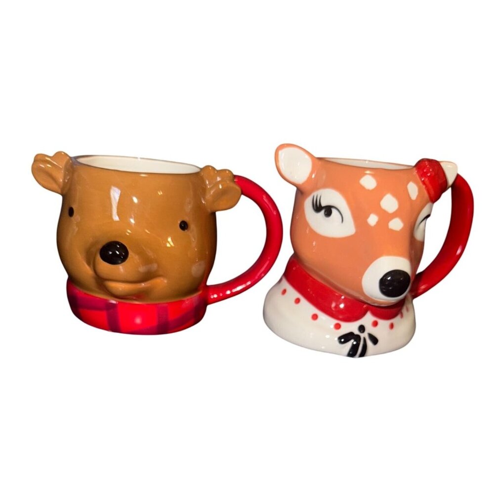 Set Of 2 Deer & Bear Ceramic Holiday Mugs
